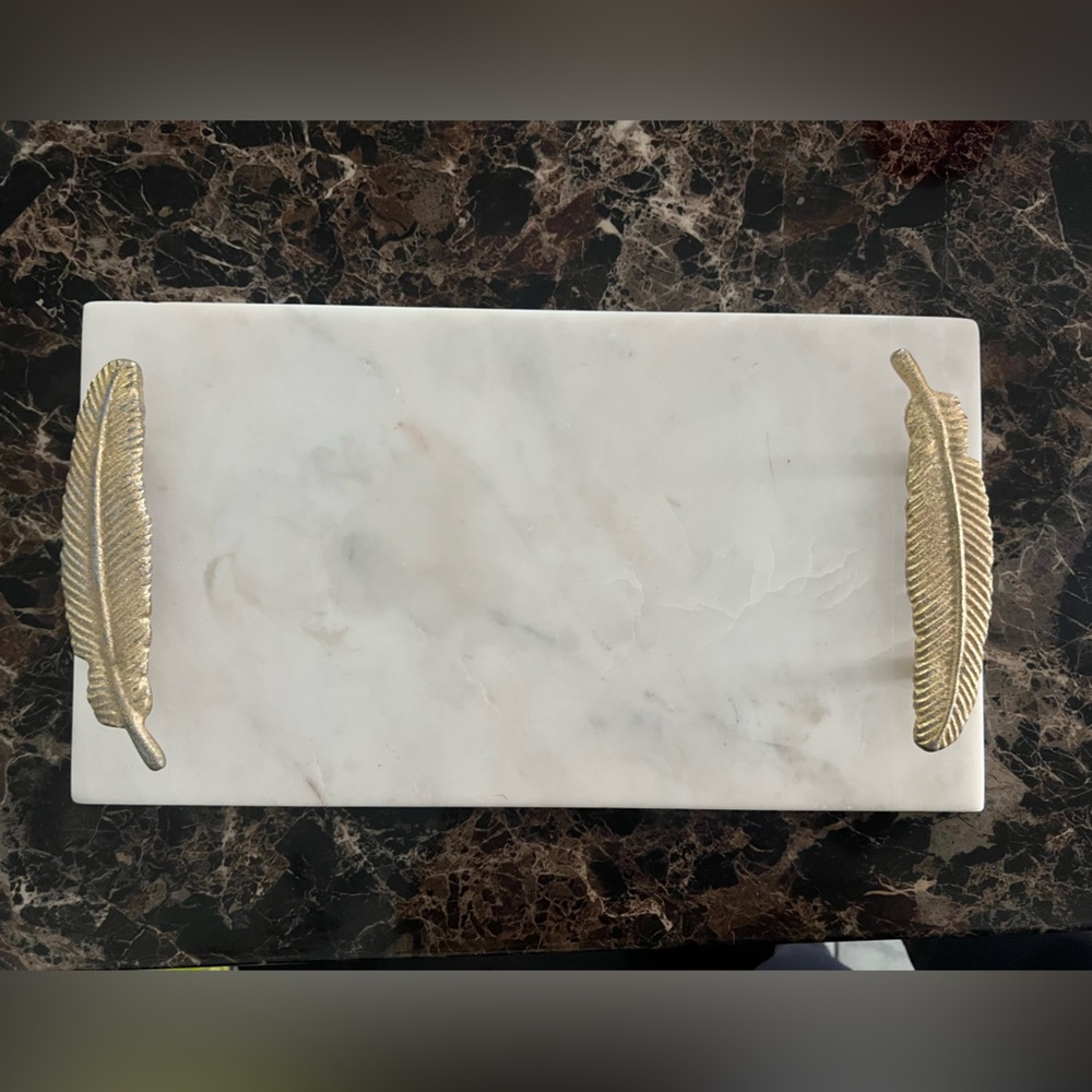 White Marble tray with feather handles